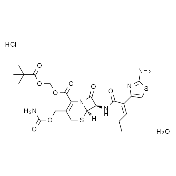 (6R,7R)-(新戊酰氧基)甲基 7-((Z)-2-(2-氨基噻唑-4-基)戊-2-烯酰胺)-3-((氨基甲酰氧基)甲基)-8-氧代-5-硫杂-1-氮杂双环[4.2.0]辛烷-2-烯-2-羧酸酯盐酸盐水合物